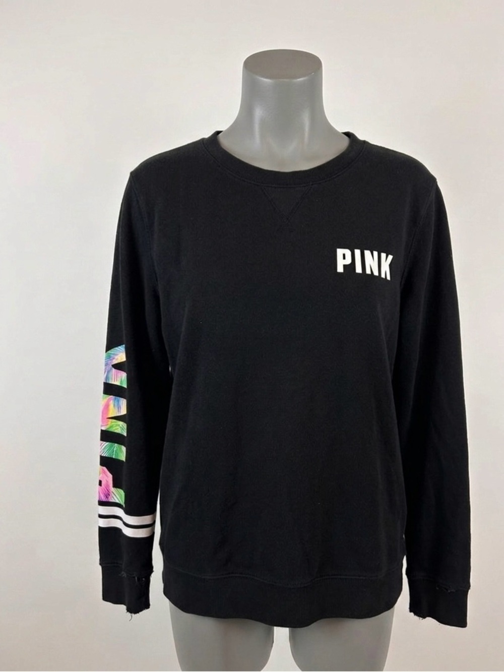Victoria's Secret PINK Black Tropical Sleeve Logo Sweatshirt - Size Large